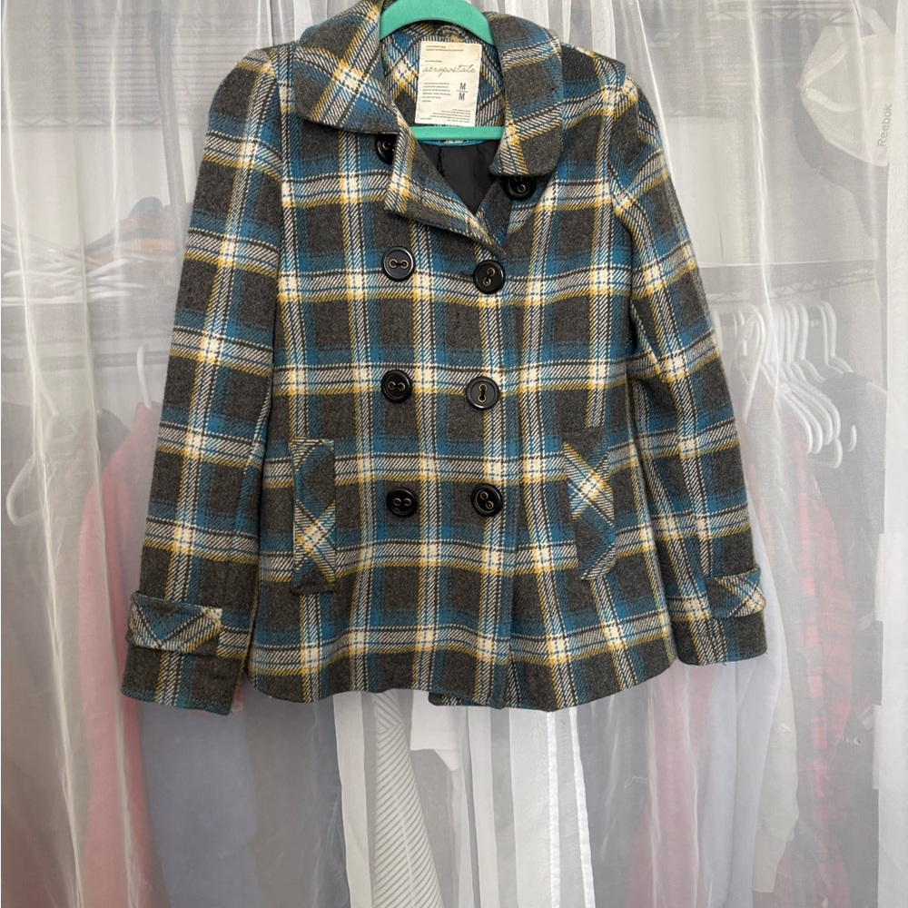 Aeropostale Plaid Peacoat in Blue, Gray, Yellow